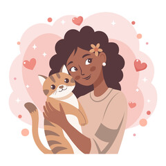 Cute young girl hugging cat. Pet owner. Cat lover. Flat style illustration.