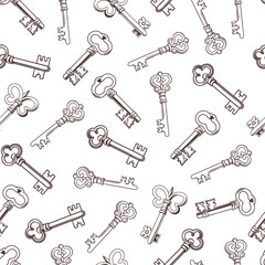 Seamless pattern with vintage keys. Retro background, black and white monochrome illustration.