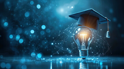 Light bulb and bachelor cap on blue background showcasing futuristic smart education