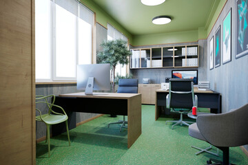 3D rendering of the interior of a small office in an industrial building.