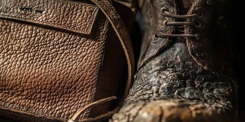 Close up of a leather bag and worn leather boot