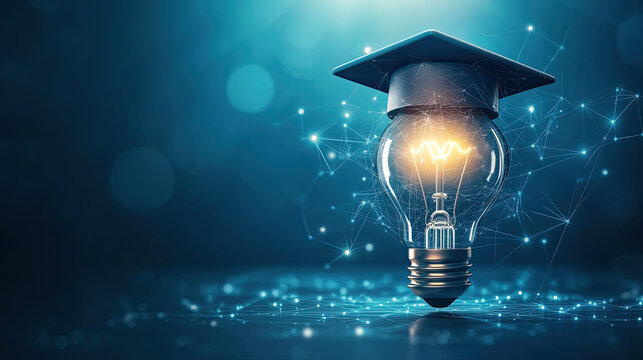 Light bulb and bachelor cap on blue background showcasing futuristic smart education