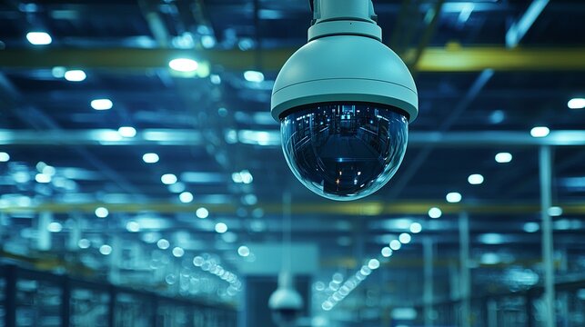 Factory Surveillance: A CCTV camera mounted inside a massive industrial warehouse, monitoring robotic arms assembling products, sci-fi industrial lighting. Cloeseup of CCTV camera 