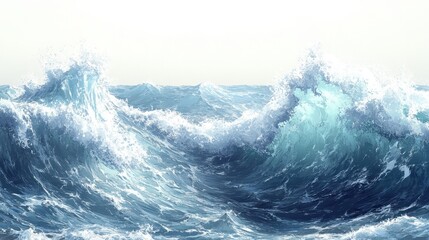 Ocean waves crashing, sea foam, white sky, background