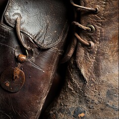 Two old leather boots show their worn details closely