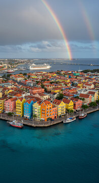 Cura?ao Charm: Rainbow Over Willemstad's Colorful Harbor - Caribbean Paradise, Cruise Ships & Vibrant Architecture