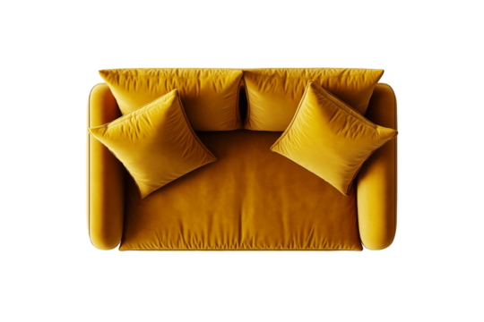 Designer yellow sofa with soft pillows, View up down. Cut out on a transparent background, png - Powered by Adobe