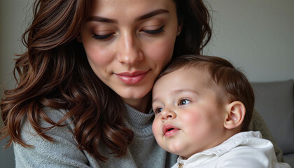 Mother gazing lovingly at her baby on her lap, maternal bond