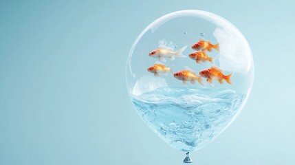 Creative Minimal Concept with Fish Tank Suspended in Balloon, Representing Constraints and Freedom