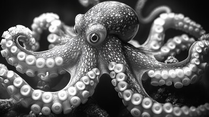 Obraz premium A detailed black-and-white image of an octopus showcasing its textures.