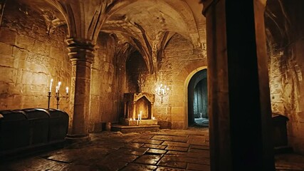 Mysterious ancient underground chamber with stone walls and glowing candles - Powered by Adobe