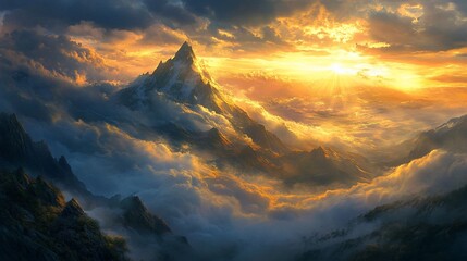 Fototapeta premium Majestic sunset peak, cloudscape, mountain range, fantasy artwork, game background