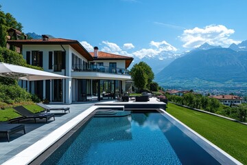 Fototapeta premium Luxury villa with infinity pool overlooking mountains.
