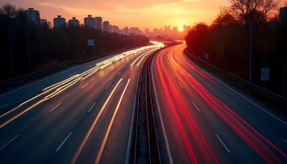 Obraz premium busy rush hour carriageway at sunset with dynamic traffic motion.