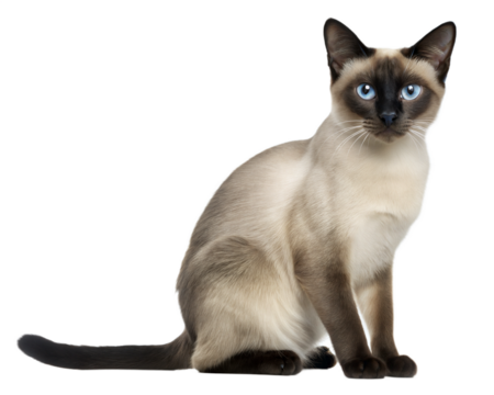 Adult siamese cat, isolated on white background. Thai cat sitting in front of white background. Studio shot