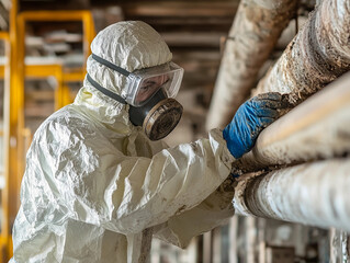 Asbestos removal: Professional Safely Removing Asbestos Insulation from Industrial Pipes, Dangerous work causes asbestos lungs.
