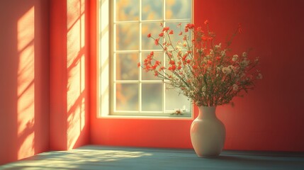 Serene interior scene featuring a vase of flowers on a colorful table near a sunlit window