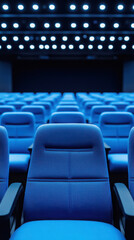 Fototapeta premium Modern auditorium seating with blue chairs and ambient lighting