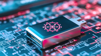 Usb drive with biohazard symbol highlighting network virus concept
