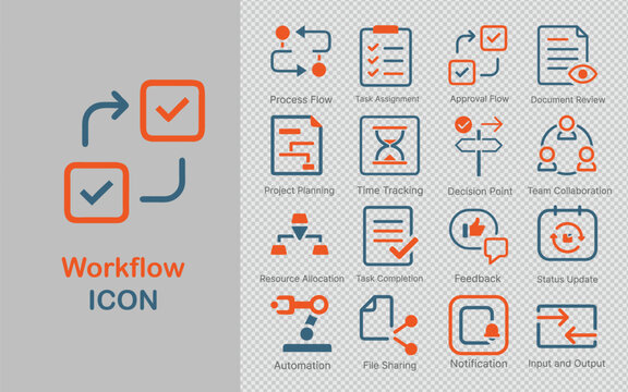 hand-drawn workflow icon set with creative designs for task flow, project planning, resource allocation, team collaboration, and more