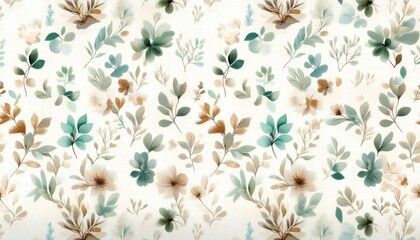 Watercolor floral pattern, teal and beige flowers and leaves, seamless design, white background, textile print