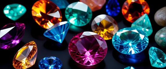 Fototapeta premium Vivid closeup of colorful gemstones arranged artistically their brilliant hues and facets sparkling in a mesmerizing display of beauty
