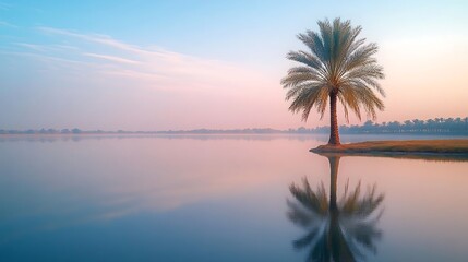 Obraz premium Serene Sunrise Palm Tree Lakeside Reflection