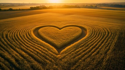 Naklejka premium Heart-shaped pattern in golden wheat field during sunset creates a serene landscape