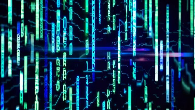 scene capturing the hypnotic glow of blue and green code sequences flickering across a dark screen in a cyberpunk-inspired digital landscape.