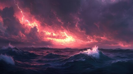 Fiery Storm Clouds Over a Turbulent Ocean