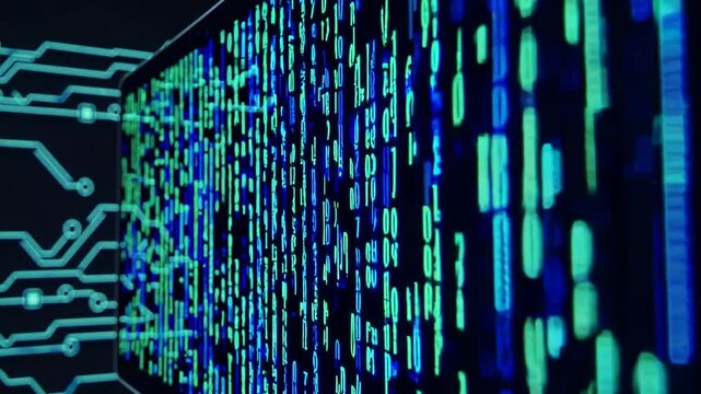 scene capturing the hypnotic glow of blue and green code sequences flickering across a dark screen in a cyberpunk-inspired digital landscape.