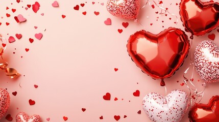 Valentine's Day composition featuring red and white heart-shaped balloons with scattered confetti and ribbon details on a soft pink background. Perfect for romantic designs, festive promotions, cards