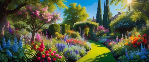 Naklejka premium Vibrant Oil Painting of a Lush Garden in Full Bloom Blossoming with Colorful Flowers and Green Foliage Under a Bright Blue Sky