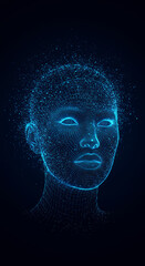 ** Digital Identity: AI Face Mesh, Futuristic Technology, Blue Wireframe Portrait, Virtual Reality, Tech Innovation, Data Visualization, Cyberpunk