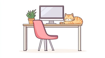 Cozy workspace with cat, computer, and plant