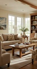 Fototapeta premium Cozy Living Room: Neutral Sofa, Natural Wood Coffee Table, & Abundant Windows. Elegant Home Decor Ideas & Interior Design Inspiration