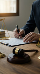 Lawyer Signing Legal Document: Justice, Law, and Contract on Wooden Desk with Gavel & Scales - Justice Concept