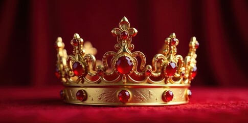 Obraz premium Ornate gold crown, red jewels, burgundy velvet, luxury, precious