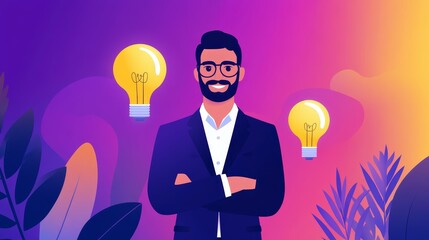 Professional man in a suit smiling confidently with light bulbs representing ideas in a vibrant background