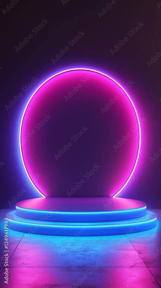 Poster dynamic neon lights illuminate a geometric stage designed for product presentations, featuring a cir