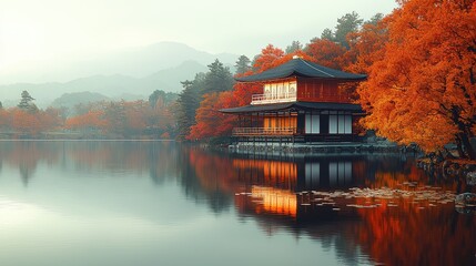 Obraz premium Serene autumn landscape featuring a traditional Japanese building by a tranquil lake.