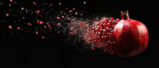 Fresh Pomegranate Exploding with Juicy Seeds on Black Background