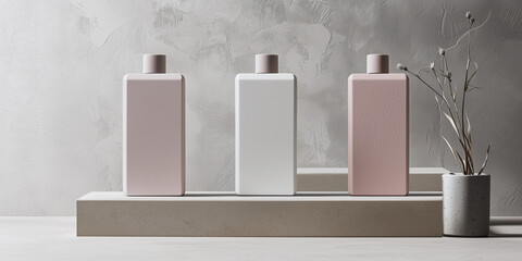 Three modern skincare bottles in pastel pink, gray, and white, placed against a textured gray background with natural stone elements.  