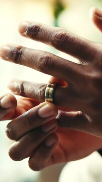 Hands, man and ring for doubt in marriage of divorce decision, infidelity conflict and relationship fail. Closeup, person and fidget with jewellery band for commitment stress, drama and regret choice