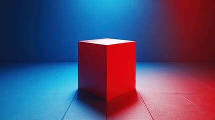 Red cube on blue-red floor, spotlight, studio