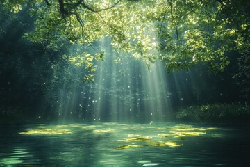 Fototapeta premium Soft sunlight filtering through trees over a serene forest pond in a tranquil setting
