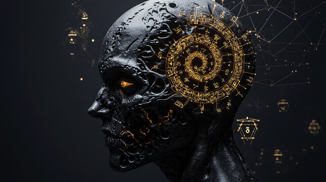 Zły głowa w spiralnej złotej spirali