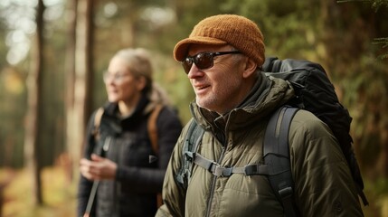 Fototapeta premium visually impaired man enjoying a guided walk along a forest trail, generative ai