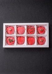 Delicious sweet mochi in the shape of red hearts