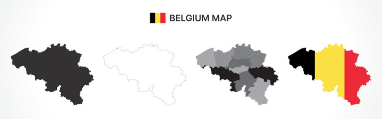 Detailed Belgium Map Collection with Outline, Silhouette, Provinces, and Flag Overlay Variations